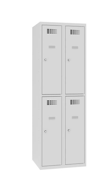 Ein lichtgrauer Fächerschrank mit zwei Abteilen und vier Fächern mit jeweils einer Tür. Alle Türen sind geschlossen. Der Schrank steht vor einem weißen Hintergrund.